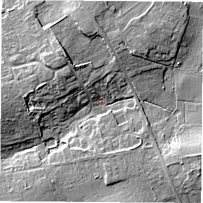Shaded relief map of the ground around SO211UW, computed from Environment Agency LiDAR. The ground here sits at about 34 m above sea level and falls 16 m across the surrounding 800 m. Surface water reaching this point runs off ground lying to the north-west, 12.7 m higher.
