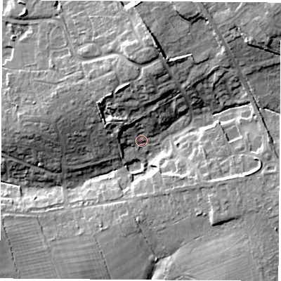 Shaded relief map of the ground around SO211UX, computed from Environment Agency LiDAR. The ground here sits at about 33 m above sea level and falls 18 m across the surrounding 800 m. Surface water reaching this point runs off ground lying to the north, 11.6 m higher.