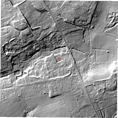Shaded relief map of the ground around SO211WP, computed from Environment Agency LiDAR. The ground here sits at about 35 m above sea level and falls 16 m across the surrounding 800 m. Surface water reaching this point runs off ground lying to the south-south-east, 5.1 m higher.