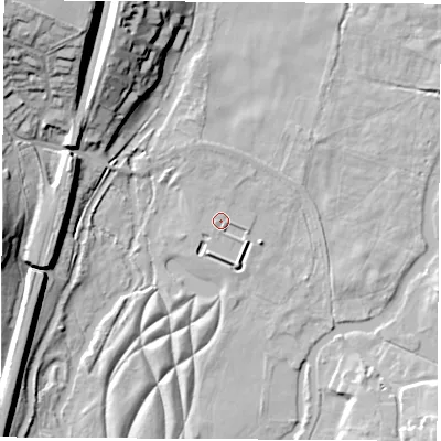 Shaded relief map of the ground around SO212BP, computed from Environment Agency LiDAR. The ground here sits at about 26 m above sea level and falls 34 m across the surrounding 800 m. The ground contributing surface water to this point lies to the west.