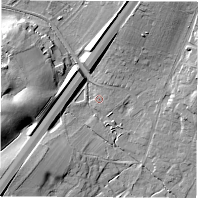 Shaded relief map of the ground around SO212DU, computed from Environment Agency LiDAR. The ground here sits at about 28 m above sea level and falls 23 m across the surrounding 800 m. Surface water reaching this point runs off ground lying to the north-east, 3.4 m higher.