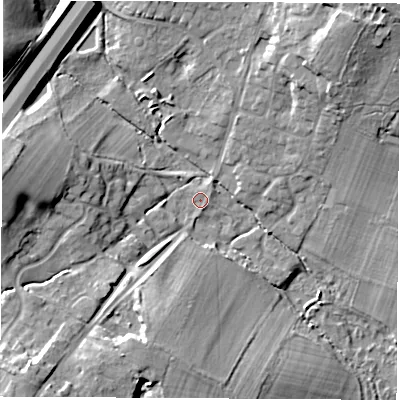 Shaded relief map of the ground around SO212EE, computed from Environment Agency LiDAR. The ground here sits at about 25 m above sea level and falls 21 m across the surrounding 800 m. Surface water reaching this point runs off ground lying to the north-east, 16.7 m higher.