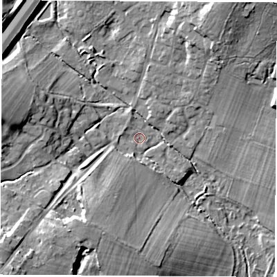 Shaded relief map of the ground around SO212EF, computed from Environment Agency LiDAR. The ground here sits at about 24 m above sea level and falls 19 m across the surrounding 800 m. Surface water reaching this point runs off ground lying to the south-south-west, 10.3 m higher.
