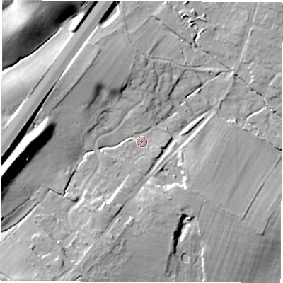 Shaded relief map of the ground around SO212EG, computed from Environment Agency LiDAR. The ground here sits at about 30 m above sea level and falls 27 m across the surrounding 800 m. Surface water reaching this point runs off ground lying to the west-south-west, 21.0 m higher.