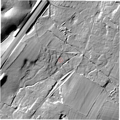 Shaded relief map of the ground around SO212EP, computed from Environment Agency LiDAR. The ground here sits at about 27 m above sea level and falls 24 m across the surrounding 800 m. Surface water reaching this point runs off ground lying to the west-south-west, 2.0 m higher.