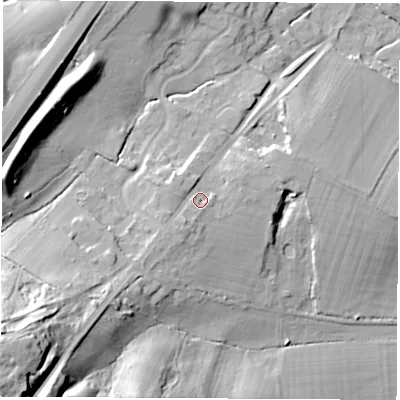 Shaded relief map of the ground around SO212EQ, computed from Environment Agency LiDAR. The ground here sits at about 36 m above sea level and falls 50 m across the surrounding 800 m. Surface water reaching this point runs off ground lying to the south-west, 6.8 m higher.