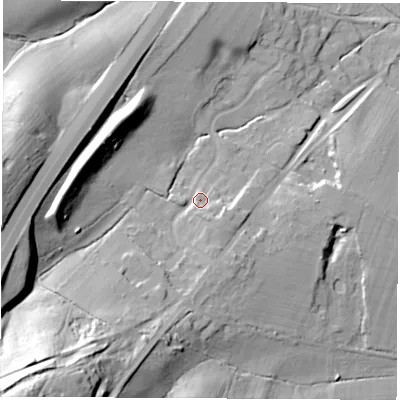 Shaded relief map of the ground around SO212EU, computed from Environment Agency LiDAR. The ground here sits at about 35 m above sea level and falls 52 m across the surrounding 800 m. Surface water reaching this point runs off ground lying to the south-west, 43.1 m higher.