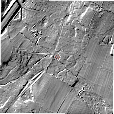 Shaded relief map of the ground around SO212FB, computed from Environment Agency LiDAR. The ground here sits at about 25 m above sea level and falls 21 m across the surrounding 800 m. Surface water reaching this point runs off ground lying to the north-east, 18.1 m higher.