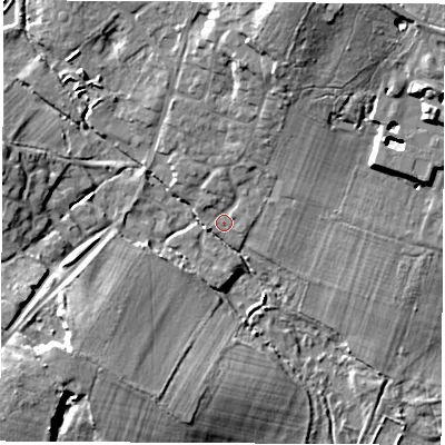 Shaded relief map of the ground around SO212HE, computed from Environment Agency LiDAR. The ground here sits at about 24 m above sea level and falls 19 m across the surrounding 800 m. Surface water reaching this point runs off ground lying to the north-north-east, 3.1 m higher.