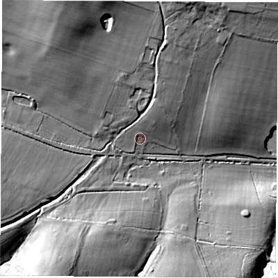 Shaded relief map of the ground around SO212LF, computed from Environment Agency LiDAR. The ground here sits at about 35 m above sea level and falls 25 m across the surrounding 800 m. Surface water reaching this point runs off ground lying to the north-north-east, 4.8 m higher.