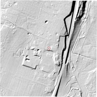 Shaded relief map of the ground around SO212RU, computed from Environment Agency LiDAR. The ground here sits at about 39 m above sea level and falls 30 m across the surrounding 800 m. Surface water reaching this point runs off ground lying to the north-north-east, 11.1 m higher.