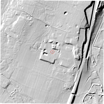 Shaded relief map of the ground around SO212SW, computed from Environment Agency LiDAR. The ground here sits at about 33 m above sea level and falls 29 m across the surrounding 800 m. Surface water reaching this point runs off ground lying to the north-east, 5.1 m higher.