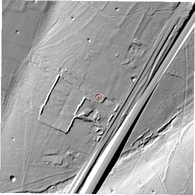 Shaded relief map of the ground around SO213BW, computed from Environment Agency LiDAR. The ground here sits at about 112 m above sea level and falls 35 m across the surrounding 800 m. Surface water reaching this point runs off ground lying to the north, 14.0 m higher.