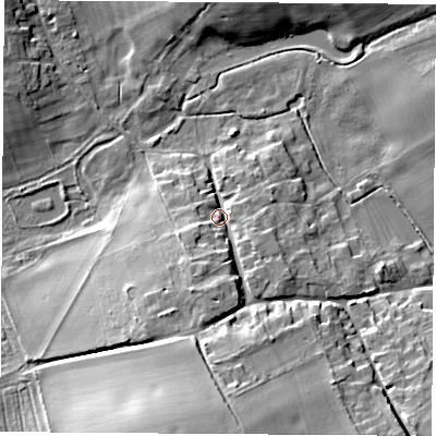 Shaded relief map of the ground around SO213DB, computed from Environment Agency LiDAR. The ground here sits at about 75 m above sea level and falls 20 m across the surrounding 800 m. Surface water reaching this point runs off ground lying to the south, 9.3 m higher.