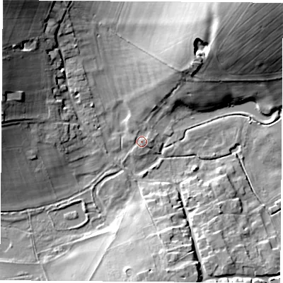 Shaded relief map of the ground around SO213DD, computed from Environment Agency LiDAR. The ground here sits at about 71 m above sea level and falls 23 m across the surrounding 800 m. Surface water reaching this point runs off ground lying to the east-north-east, 1.1 m higher.