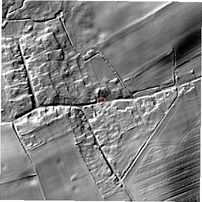 Shaded relief map of the ground around SO213DF, computed from Environment Agency LiDAR. The ground here sits at about 73 m above sea level and falls 22 m across the surrounding 800 m. Surface water reaching this point runs off ground lying to the south-south-west, 18.4 m higher.