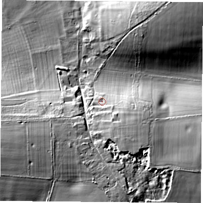 Shaded relief map of the ground around SO213DT, computed from Environment Agency LiDAR. The ground here sits at about 92 m above sea level and falls 24 m across the surrounding 800 m. Surface water reaching this point runs off ground lying to the south-south-east, 10.3 m higher.