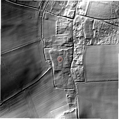 Shaded relief map of the ground around SO213FR, computed from Environment Agency LiDAR. The ground here sits at about 55 m above sea level and falls 26 m across the surrounding 800 m. Surface water reaching this point runs off ground lying to the north-east, 2.2 m higher.