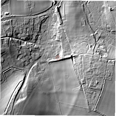 Shaded relief map of the ground around SO213GX, computed from Environment Agency LiDAR. The ground here sits at about 61 m above sea level and falls 26 m across the surrounding 800 m. Surface water reaching this point runs off ground lying to the east, 5.4 m higher.