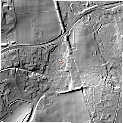 Shaded relief map of the ground around SO213JG, computed from Environment Agency LiDAR. The ground here sits at about 60 m above sea level and falls 21 m across the surrounding 800 m. Surface water reaching this point runs off ground lying to the east, 5.0 m higher.