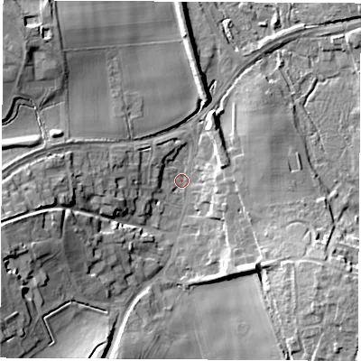 Shaded relief map of the ground around SO213JH, computed from Environment Agency LiDAR. The ground here sits at about 59 m above sea level and falls 23 m across the surrounding 800 m. Surface water reaching this point runs off ground lying to the south-west, 21.6 m higher.