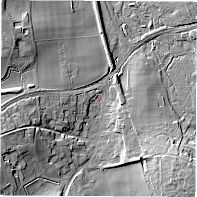 Shaded relief map of the ground around SO213JJ, computed from Environment Agency LiDAR. The ground here sits at about 59 m above sea level and falls 23 m across the surrounding 800 m. Surface water reaching this point runs off ground lying to the south-west, 21.2 m higher.