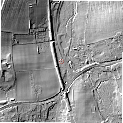 Shaded relief map of the ground around SO213LA, computed from Environment Agency LiDAR. The ground here sits at about 59 m above sea level and falls 24 m across the surrounding 800 m. Surface water reaching this point runs off ground lying to the west, 5.0 m higher.