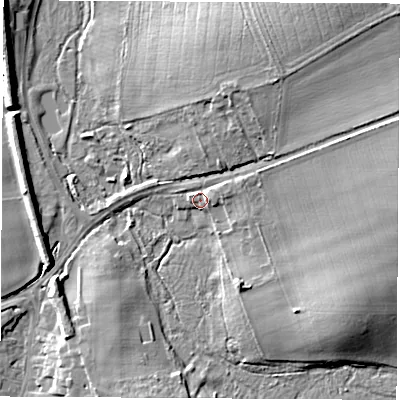 Shaded relief map of the ground around SO213LD, computed from Environment Agency LiDAR. The ground here sits at about 61 m above sea level and falls 23 m across the surrounding 800 m. Surface water reaching this point runs off ground lying to the east-north-east, 17.6 m higher.
