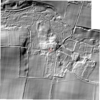 Shaded relief map of the ground around SO213PF, computed from Environment Agency LiDAR. The ground here sits at about 68 m above sea level and falls 16 m across the surrounding 800 m. Surface water reaching this point runs off ground lying to the east-north-east, 2.8 m higher.