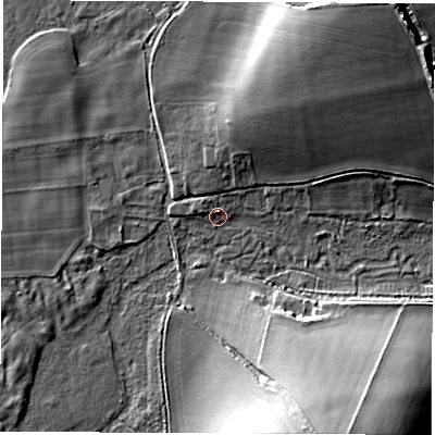 Shaded relief map of the ground around SO213QJ, computed from Environment Agency LiDAR. The ground here sits at about 50 m above sea level and falls 23 m across the surrounding 800 m. Surface water reaching this point runs off ground lying to the north-north-west, 2.7 m higher.