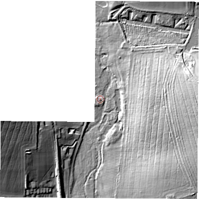 Shaded relief map of the ground around SO213RA, computed from Environment Agency LiDAR. The ground here sits at about 57 m above sea level and falls 25 m across the surrounding 800 m. Surface water reaching this point runs off ground lying to the west-south-west, 24.1 m higher.