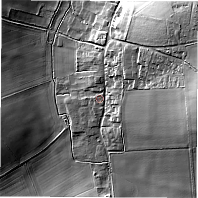 Shaded relief map of the ground around SO213RH, computed from Environment Agency LiDAR. The ground here sits at about 56 m above sea level and falls 28 m across the surrounding 800 m. Surface water reaching this point runs off ground lying to the north-east, 9.8 m higher.