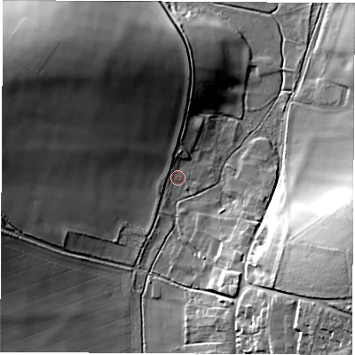 Shaded relief map of the ground around SO213RR, computed from Environment Agency LiDAR. The ground here sits at about 53 m above sea level and falls 27 m across the surrounding 800 m. Surface water reaching this point runs off ground lying to the west-north-west, 26.0 m higher.
