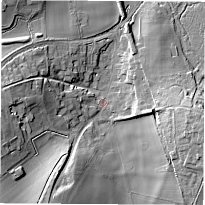 Shaded relief map of the ground around SO213SF, computed from Environment Agency LiDAR. The ground here sits at about 60 m above sea level and falls 27 m across the surrounding 800 m. Surface water reaching this point runs off ground lying to the south-west, 25.7 m higher.