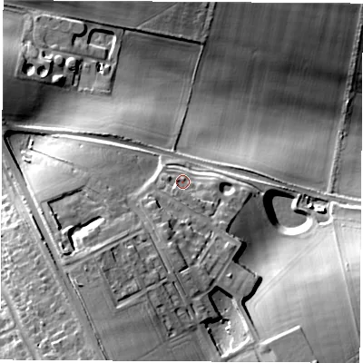 Shaded relief map of the ground around SO226GE, computed from Environment Agency LiDAR. The ground here sits at about 58 m above sea level and falls 26 m across the surrounding 800 m. Surface water reaching this point runs off ground lying to the south-south-west, 8.5 m higher.