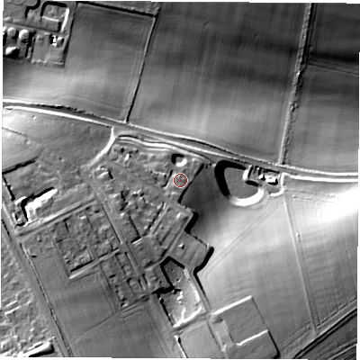 Shaded relief map of the ground around SO226GF, computed from Environment Agency LiDAR. The ground here sits at about 59 m above sea level and falls 28 m across the surrounding 800 m. Surface water reaching this point runs off ground lying to the south-west, 8.0 m higher.