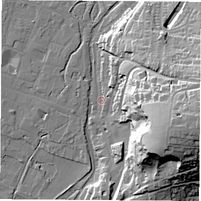 Shaded relief map of the ground around SO230EJ, computed from Environment Agency LiDAR. The ground here sits at about 37 m above sea level and falls 58 m across the surrounding 800 m. Surface water reaching this point runs off ground lying to the north-east, 30.2 m higher.