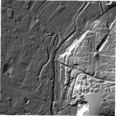 Shaded relief map of the ground around SO230ES, computed from Environment Agency LiDAR. The ground here sits at about 37 m above sea level and falls 57 m across the surrounding 800 m. Surface water reaching this point runs off ground lying to the east-south-east, 32.6 m higher.