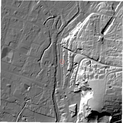 Shaded relief map of the ground around SO230EW, computed from Environment Agency LiDAR. The ground here sits at about 37 m above sea level and falls 58 m across the surrounding 800 m. Surface water reaching this point runs off ground lying to the east, 32.8 m higher.