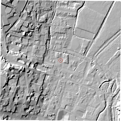 Shaded relief map of the ground around SO237DD, computed from Environment Agency LiDAR. The ground here sits at about 37 m above sea level and falls 25 m across the surrounding 800 m. Surface water reaching this point runs off ground lying to the north-west, 22.3 m higher.