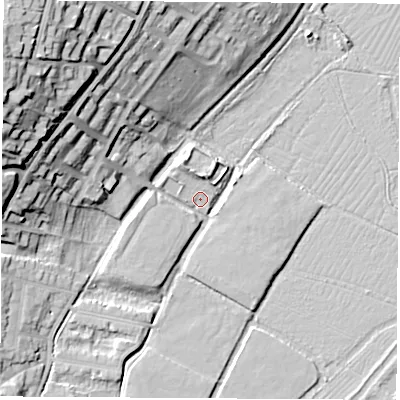 Shaded relief map of the ground around SO237JD, computed from Environment Agency LiDAR. The ground here sits at about 38 m above sea level and falls 35 m across the surrounding 800 m. Surface water reaching this point runs off ground lying to the west-north-west, 33.1 m higher.
