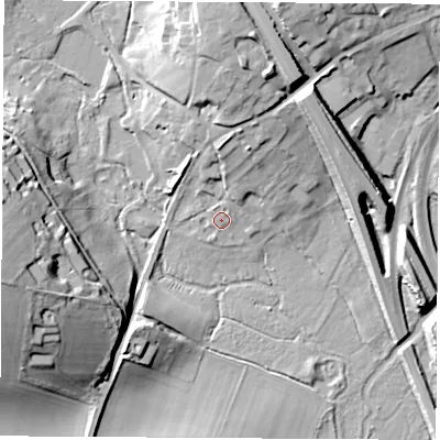 Shaded relief map of the ground around SO237JL, computed from Environment Agency LiDAR. The ground here sits at about 41 m above sea level and falls 29 m across the surrounding 800 m. Surface water reaching this point runs off ground lying to the north-north-east, 1.4 m higher.