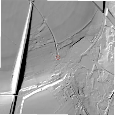 Shaded relief map of the ground around SO237LA, computed from Environment Agency LiDAR. The ground here sits at about 42 m above sea level and falls 34 m across the surrounding 800 m. Surface water reaching this point runs off ground lying to the north-north-west, 25.8 m higher.