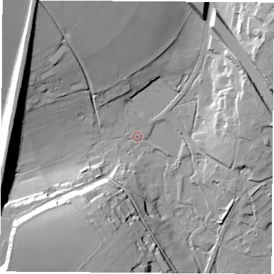 Shaded relief map of the ground around SO237LD, computed from Environment Agency LiDAR. The ground here sits at about 41 m above sea level and falls 29 m across the surrounding 800 m. Surface water reaching this point runs off ground lying to the south-west, 27.4 m higher.
