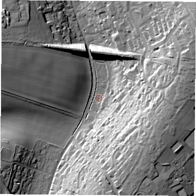 Shaded relief map of the ground around SO237LE, computed from Environment Agency LiDAR. The ground here sits at about 46 m above sea level and falls 38 m across the surrounding 800 m. Surface water reaching this point runs off ground lying to the east-north-east, 35.0 m higher.