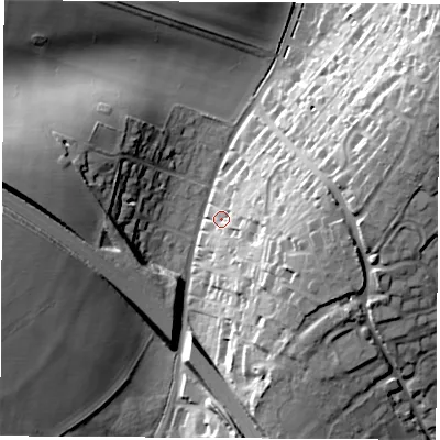 Shaded relief map of the ground around SO237LF, computed from Environment Agency LiDAR. The ground here sits at about 47 m above sea level and falls 32 m across the surrounding 800 m. Surface water reaching this point runs off ground lying to the east, 22.0 m higher.