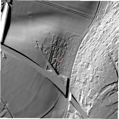 Shaded relief map of the ground around SO237LG, computed from Environment Agency LiDAR. The ground here sits at about 46 m above sea level and falls 28 m across the surrounding 800 m. Surface water reaching this point runs off ground lying to the west, 18.9 m higher.