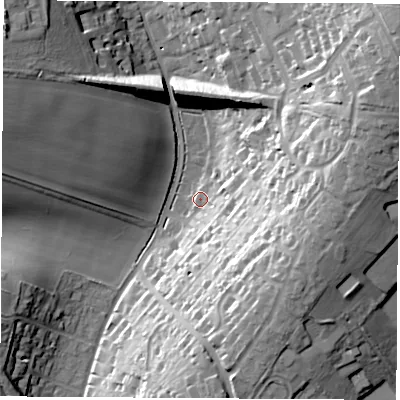 Shaded relief map of the ground around SO237LJ, computed from Environment Agency LiDAR. The ground here sits at about 48 m above sea level and falls 39 m across the surrounding 800 m. Surface water reaching this point runs off ground lying to the east-south-east, 27.4 m higher.