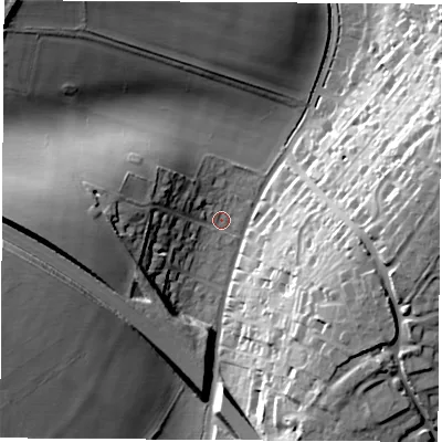 Shaded relief map of the ground around SO237LQ, computed from Environment Agency LiDAR. The ground here sits at about 44 m above sea level and falls 30 m across the surrounding 800 m. Surface water reaching this point runs off ground lying to the west, 18.6 m higher.