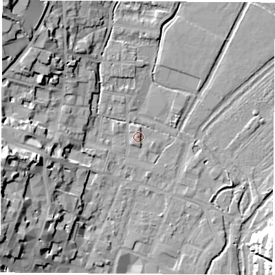 Shaded relief map of the ground around SO237TB, computed from Environment Agency LiDAR. The ground here sits at about 38 m above sea level and falls 24 m across the surrounding 800 m. Surface water reaching this point runs off ground lying to the west, 19.1 m higher.